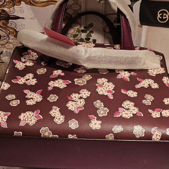 Kate Spade Tinsel Frosted Floral Deep Berry Satchel/Crossbody Bag - Picture 14 of 14